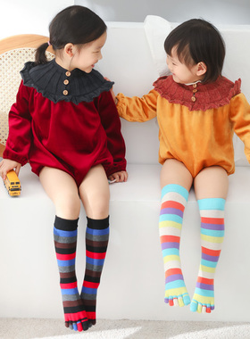 韩版儿童五指袜四季过膝袜美腿长袜分趾袜子彩色条纹2双包邮日系