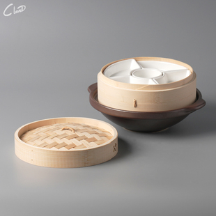 简约创意餐厅酒店蒸菜盘竹制带盖蒸笼蒸盘特色菜分格蒸锅餐具套装