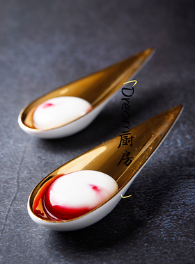 金色洛克勺子个性分子料理点心餐具网红餐厅创意陶瓷碟子特色餐具