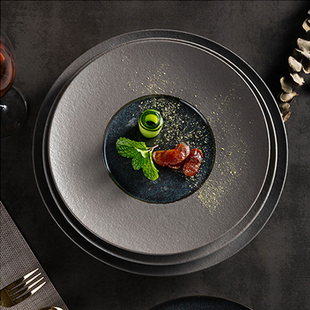 复古意面盘圆盘双色平盘 餐厅摆盘创意陶瓷早餐盘家用牛排盘子个性