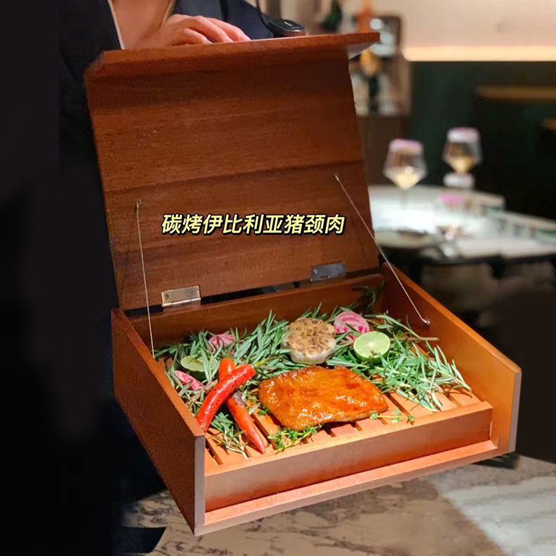 美式木质餐具盒翻盖牛排盘木盒图片