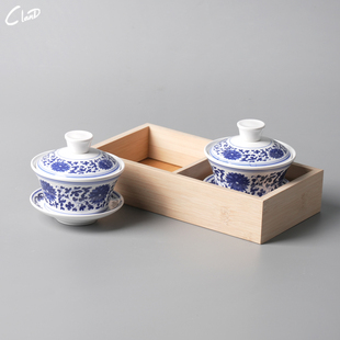 密胺复古青花瓷盖碗茶具套装二格木盒火锅店茶盅拼盘甜水面餐具