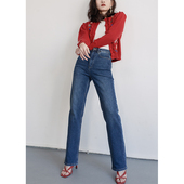 牛仔长裤 twosweet 高腰弹力显瘦直筒窄版 line风深蓝修身 复古ce