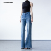 女舒适时髦长裤 梨形无拘四面弹直筒微喇牛仔裤 解构美学 twosweet