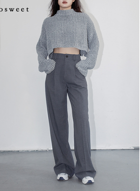 twosweet性价比WU敌！秋冬羊毛料时尚深灰色高腰宽松阔腿休闲西裤