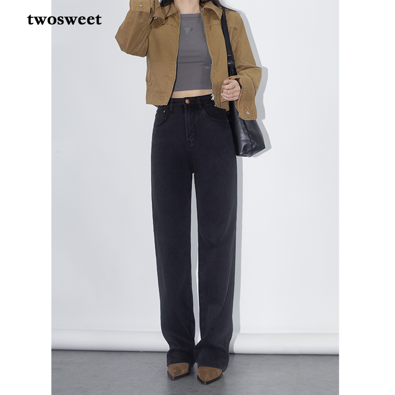 土耳其面料炭灰色高腰直筒牛仔裤