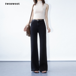 twosweet满芬裤型/黑灰 随身而动四面弹显瘦直筒微喇牛仔长裤女秋