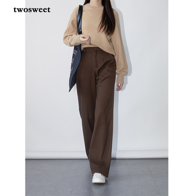 twosweet【复古静谧】秋冬高克重精仿羊毛休闲直筒高腰拖地西裤女