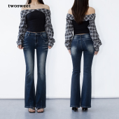 重手工立体洗水辣妹紧身微喇牛仔裤 twosweet 女团丰胯中腰喇叭裤