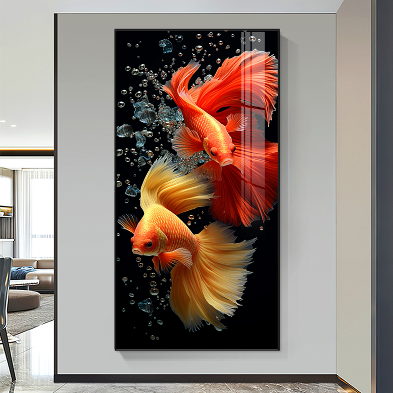 新中式九鱼图客厅玄关装饰画走廊过道鲤鱼现代简约晶瓷镶钻壁挂画图片
