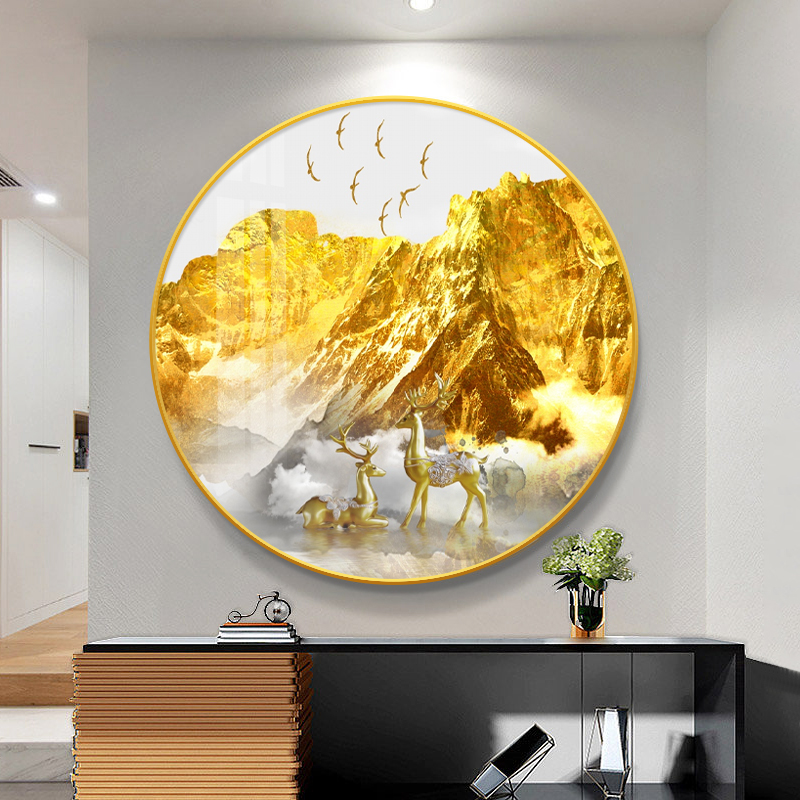 圆形背靠日照金山新中式玄关装饰画客厅沙发背景墙中国风景山水画图片