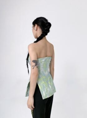 597c原创小众设计感胸衣黄绿色肌理提花外穿抹胸上衣女无袖背心