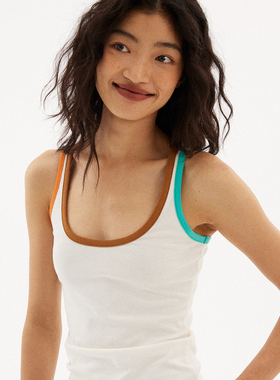 597c原创经典白色吊带露背背心女紧身U型夏cleanfit上衣简约撞色