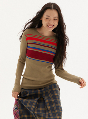 597c原创拼色毛衣女装复古圆领针织通勤上衣毛衫正肩修身显瘦休闲