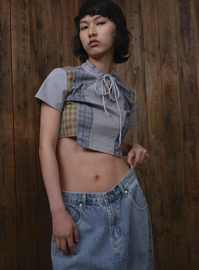 597c原创短款T恤灰色拼接上衣女撞色格子开叉polo衫2025年新款夏