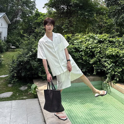 古巴领短袖衬衫短裤套装