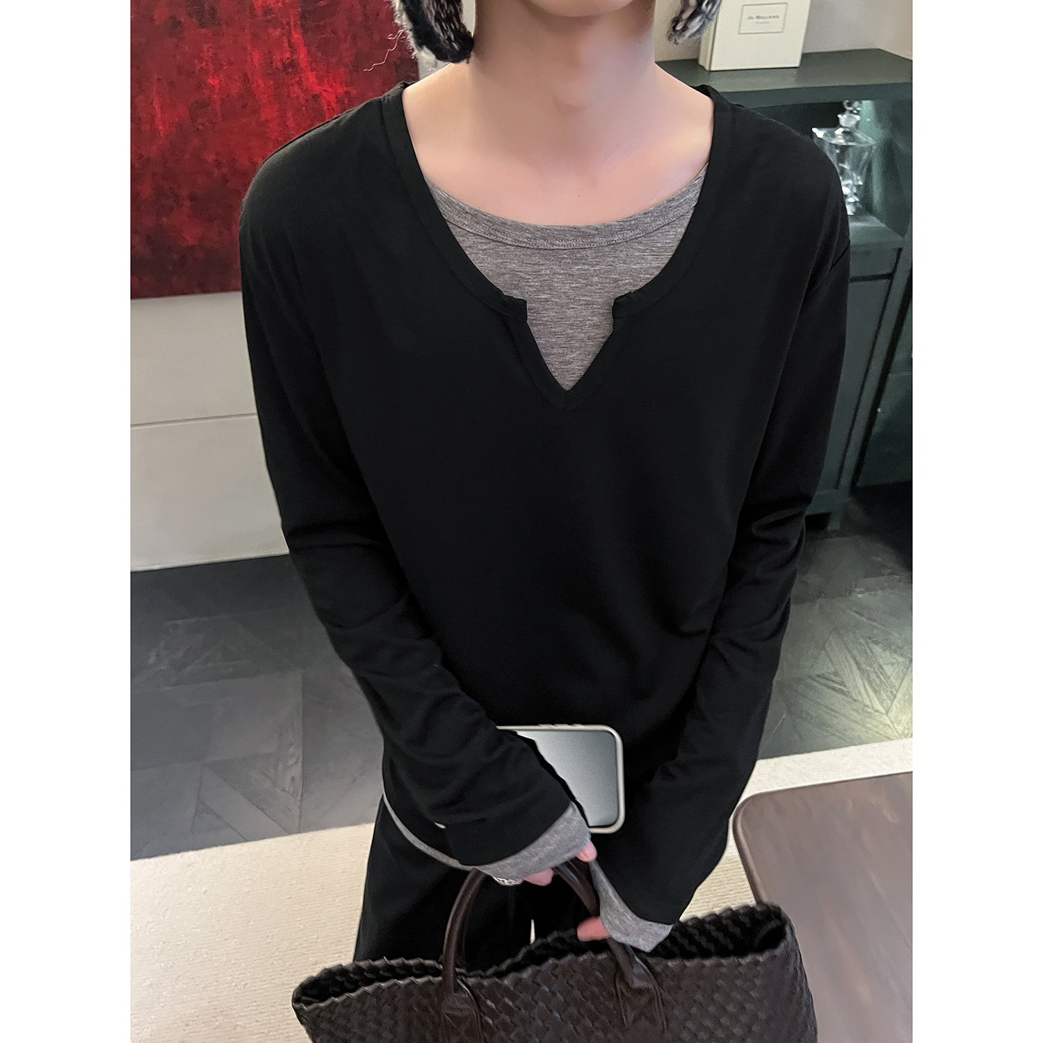 高林凡 韩版慵懒风薄款假两件长袖T恤男女宽松休闲百搭打底衫