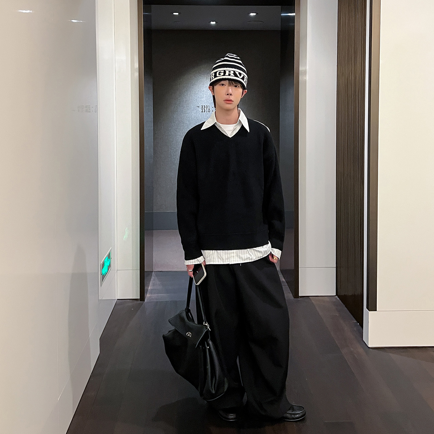 高林凡 假两件设计衬衫拼接毛衣男宽松韩版套头男女同款针织衫