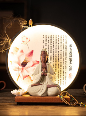 观音菩萨佛象摆件家用陶瓷客厅供奉镇宅佛像底座倒流香背景灯装饰