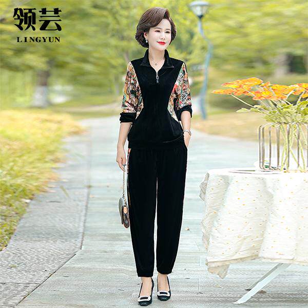 中年妈妈春季金丝绒套装洋气中老年女春秋装长袖休闲运动服两件套