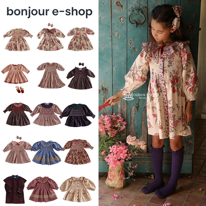 Bonjour26秋冬新款宝宝女孩中小童长袖连衣裙复古碎花裙公主裙子