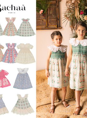 Bachaa25春夏新款女孩小童无袖娃娃领裙子碎花短袖公主裙连衣裙6