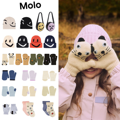 Molo aw25新款儿童保暖袜子笑脸帽子卡通手套笑脸手提包5Z
