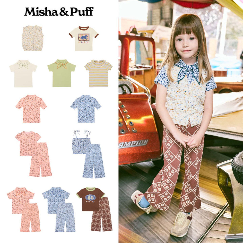 Misha Puff26春夏新款宝宝男女中小童领结碎花短袖T恤吊带长裤子