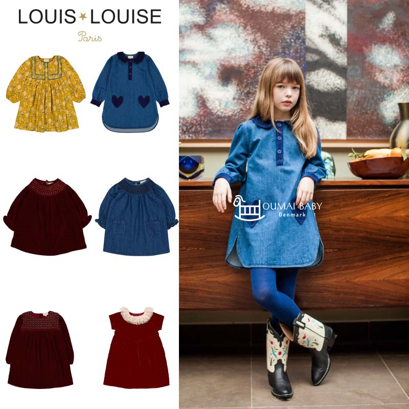 Louis louise24秋冬新款宝宝女孩中小童牛仔裙子长袖丝绒连衣裙5Z