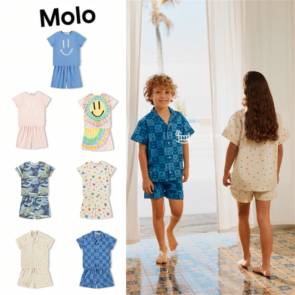 Molo 26春夏新款男童女童日常休闲居家纯色笑脸T恤裤子套装家居服