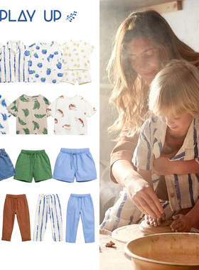 play up25春夏款宝宝男女小童卡通短袖T恤薄衬衣短裤防蚊长裤子5Z