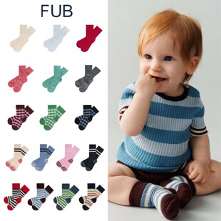 FUB 26ss新款男童女童日常休闲纯色条纹防滑透气纯棉袜子