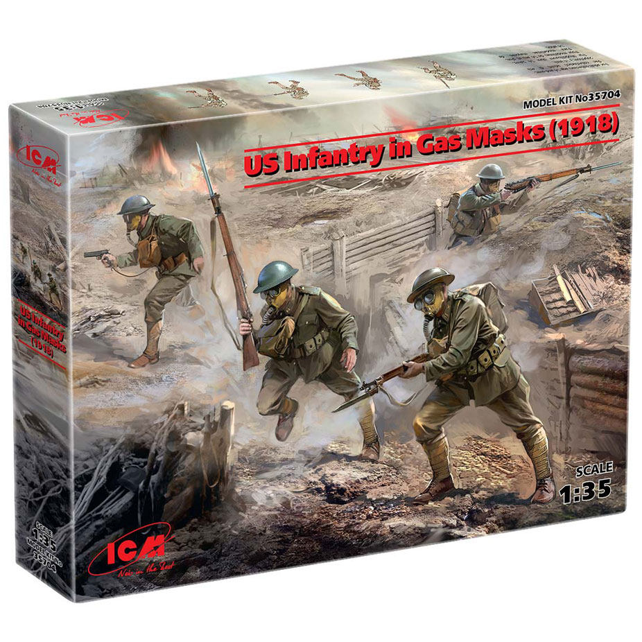 ICM35704 一战带防毒面具的美军士兵1/35塑料拼装兵人模型