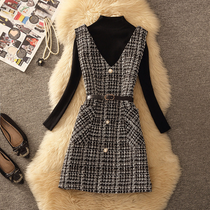 名媛小香风千鸟格背带连衣裙女2024秋冬新款中长款背心裙两件套装,女装/女士精品,时尚套装,淘宝优惠券,粉丝福利购,淘宝优惠卷