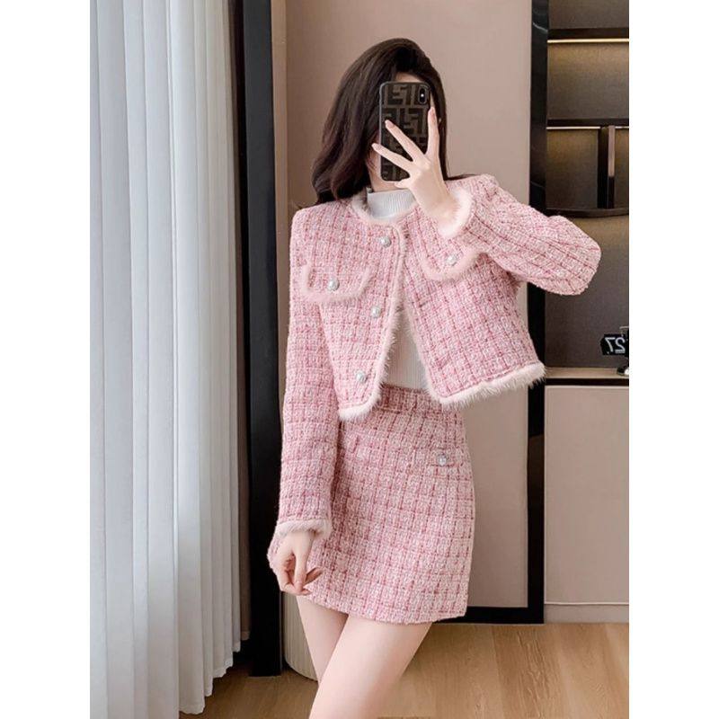 小香风粗花呢气质套装女秋冬2024新款夹棉外套上衣半身短裙两件套,女装/女士精品,时尚套装,淘宝优惠券,粉丝福利购,淘宝优惠卷