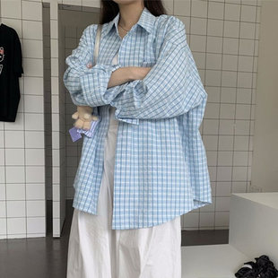 大码胖mm韩版格子衬衫防晒女开学季衬衫oversize宽松学生叠穿外套