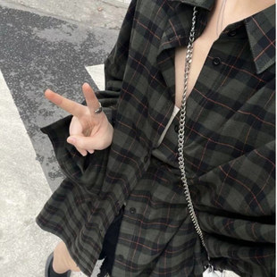 大码胖mm格子衬衫女春秋设计感叠穿宽松高级显瘦外穿防晒衬衣外套