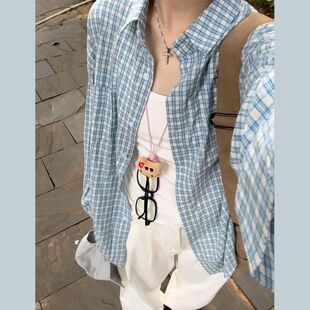 夏季港味学院风格子衬衫女学生胖mm韩版宽松百搭长袖开衫衬衣外套
