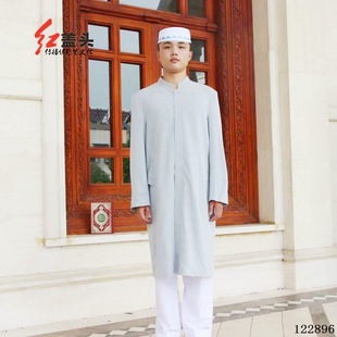 礼拜服男装新款回族中长款亚麻刺绣长衫男袍服饰回民立领外套服装