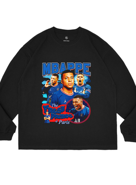 Kylian Mbappe姆巴佩圆领宽松长袖足球人物印花上衣纯棉水洗做旧