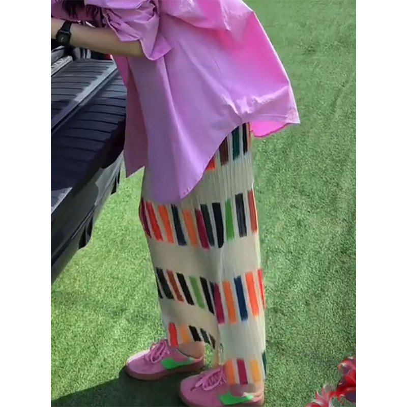 彩色条纹压褶直筒半身裙女202半身裙