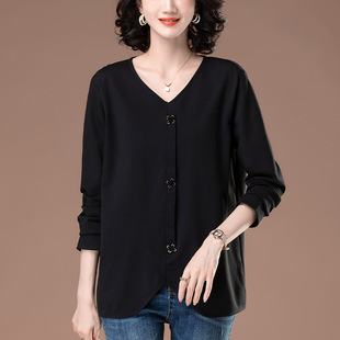 2026年新款纯棉长袖T恤女中年妈妈宽松大码上衣春秋款纯色打衣衫