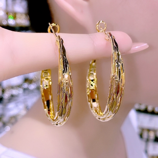 潮不掉色925银针欧美风夸张镀金耳饰 圈圈菱纹光面耳圈2022年新款