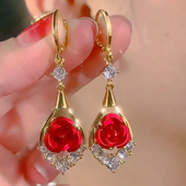 红色玫瑰花耳环轻奢高级感闪钻耳坠耳扣时尚 2025新款 爆款 气质耳饰