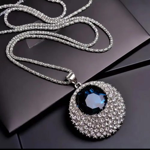 镶钻圆形项链蓝宝石毛衣链长款高级感2022年新款潮百搭挂件配饰闪 - 封面