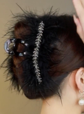 气质黑羽毛抓夹水钻麦穗发夹22023秋冬新款时尚后脑勺盘发头发饰