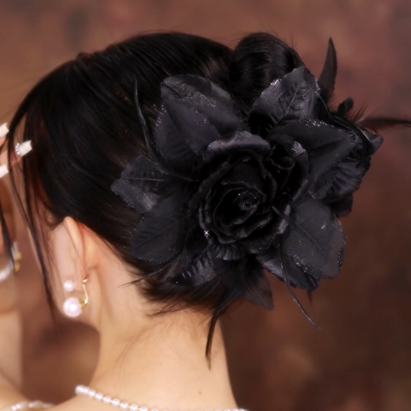 抖音同款布艺发饰黑色羽毛大玫瑰花抓夹后脑勺鲨鱼夹高级感发夹卡
