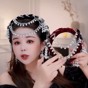 一帘幽梦丝绒宽边发箍手工编织民族风头箍花朵可拆卸流苏珠珠发饰