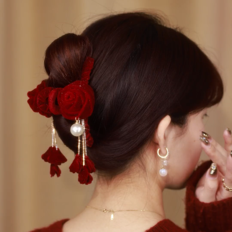 红色丝绒玫瑰花抓夹后脑勺发饰