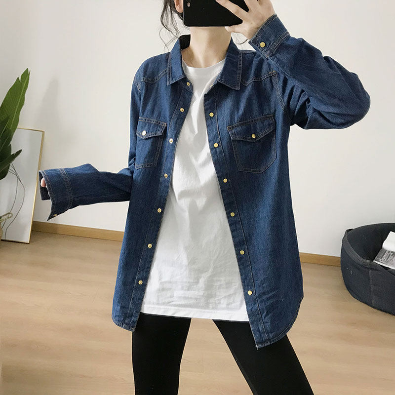 纯棉水洗蓝牛仔衬衫女内搭长袖上衣港味春秋韩版宽松中长款衬衣潮